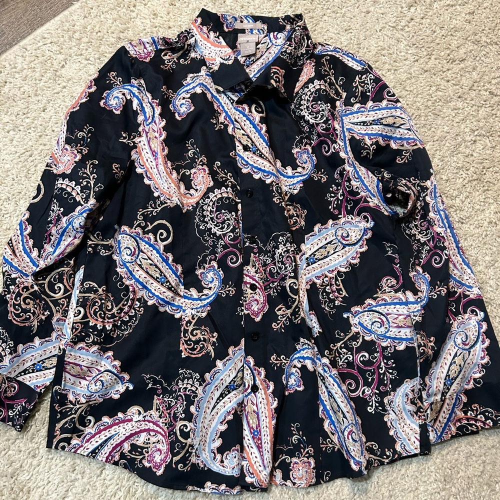 Chico's Women's Paisley Print Button Down No-Iron Shirt Size 2